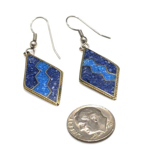 Vintage Alpaca Mexico Inlay Earrings Blue Turquoise Silver Diamond Shape Dangle - Picture 9 of 9